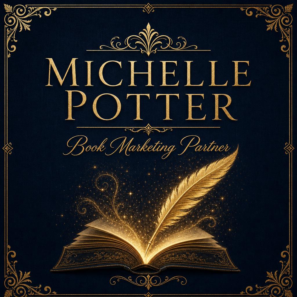 Open book with golden quill, Michelle Potter book marketing